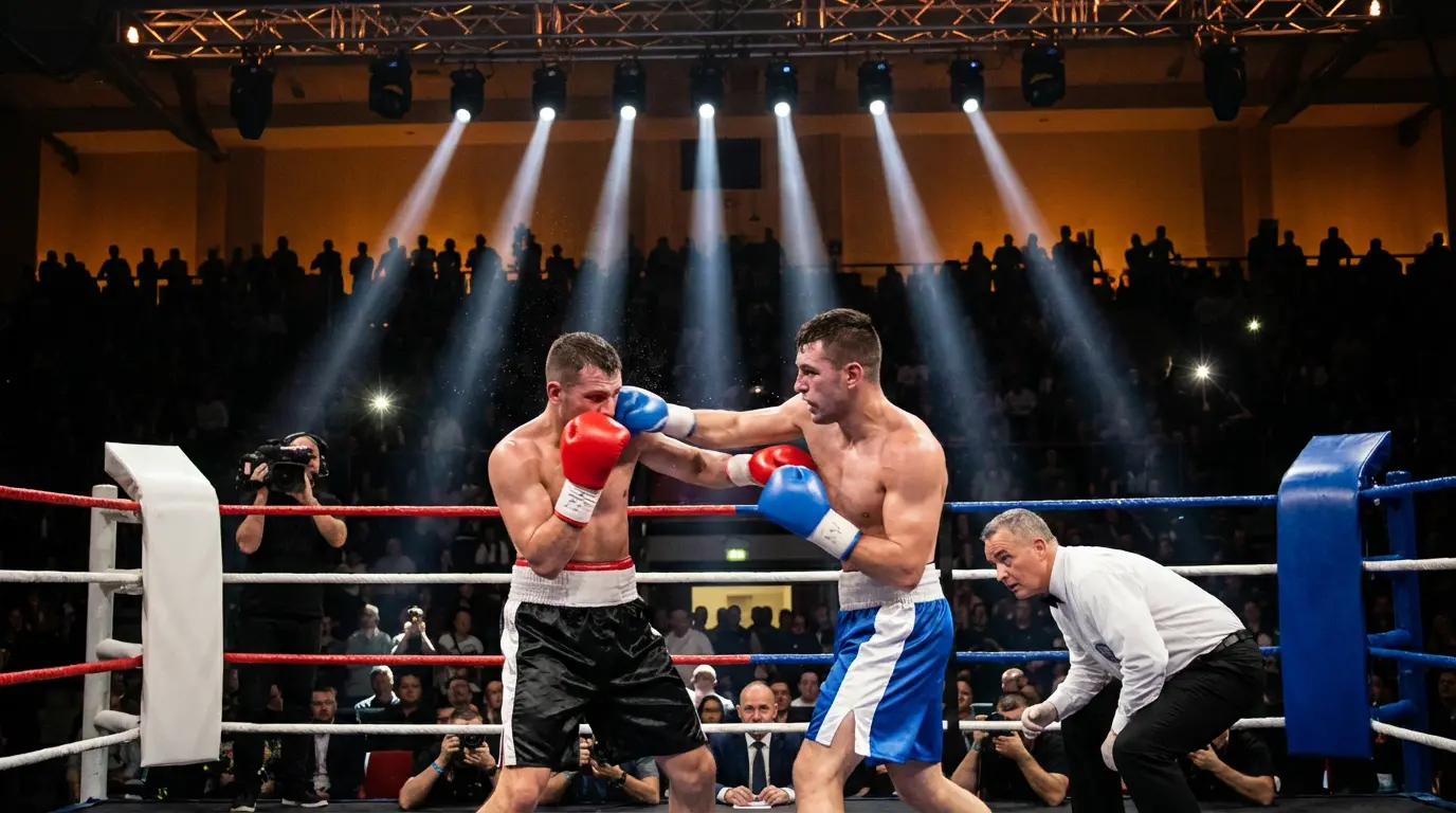 Combate de boxeo profesional en directo con público en arena iluminada