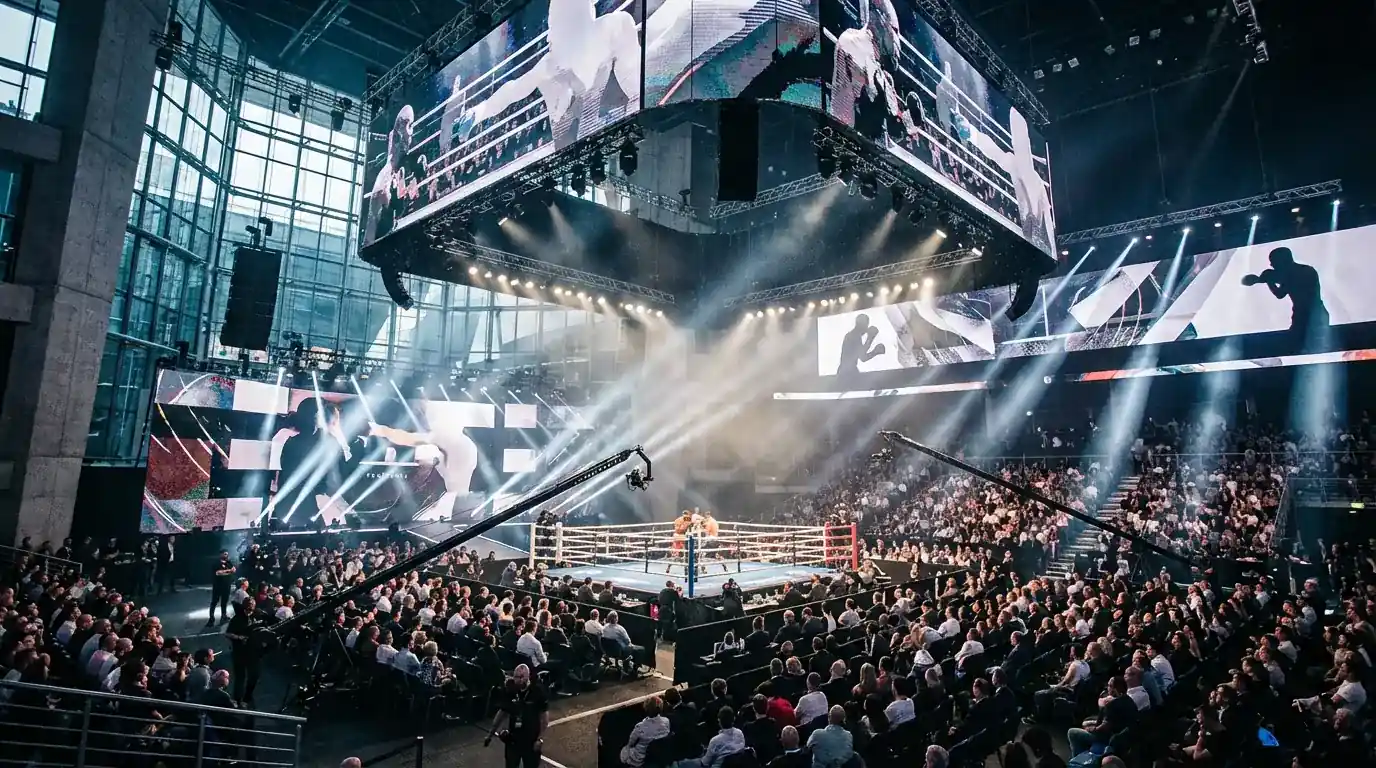 Gran evento de boxeo internacional con iluminación espectacular en arena moderna